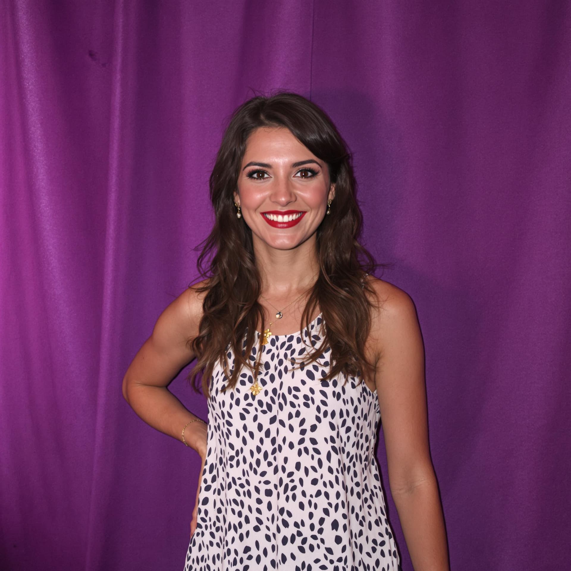 AI generated: a woman stands posing in front of a purple backdrop