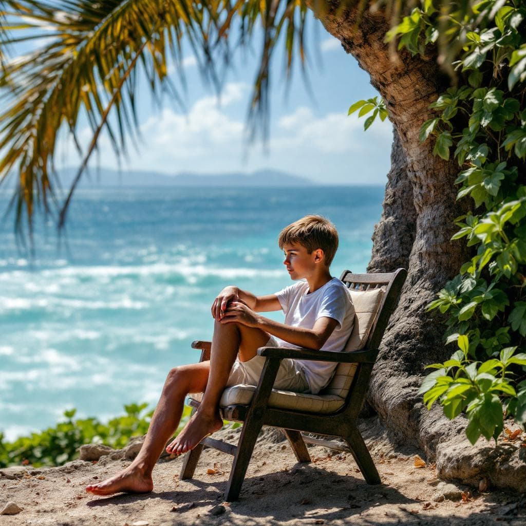 AI generated: a little boy seating on chair in a tree with wearing a white t-shirt near the sea