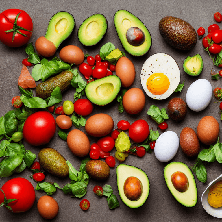 AI generated: very healthy food plate with avocados, tomatoes, eggs and other healthy food, 8 k resolution, food p...