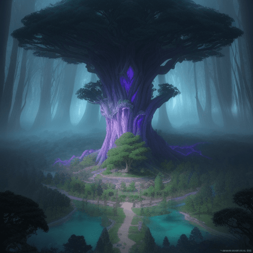 AI generated: Bird's-eye view Incredible, fabulous and beautiful massive scale tree Teldrassil, located in Veiled ...