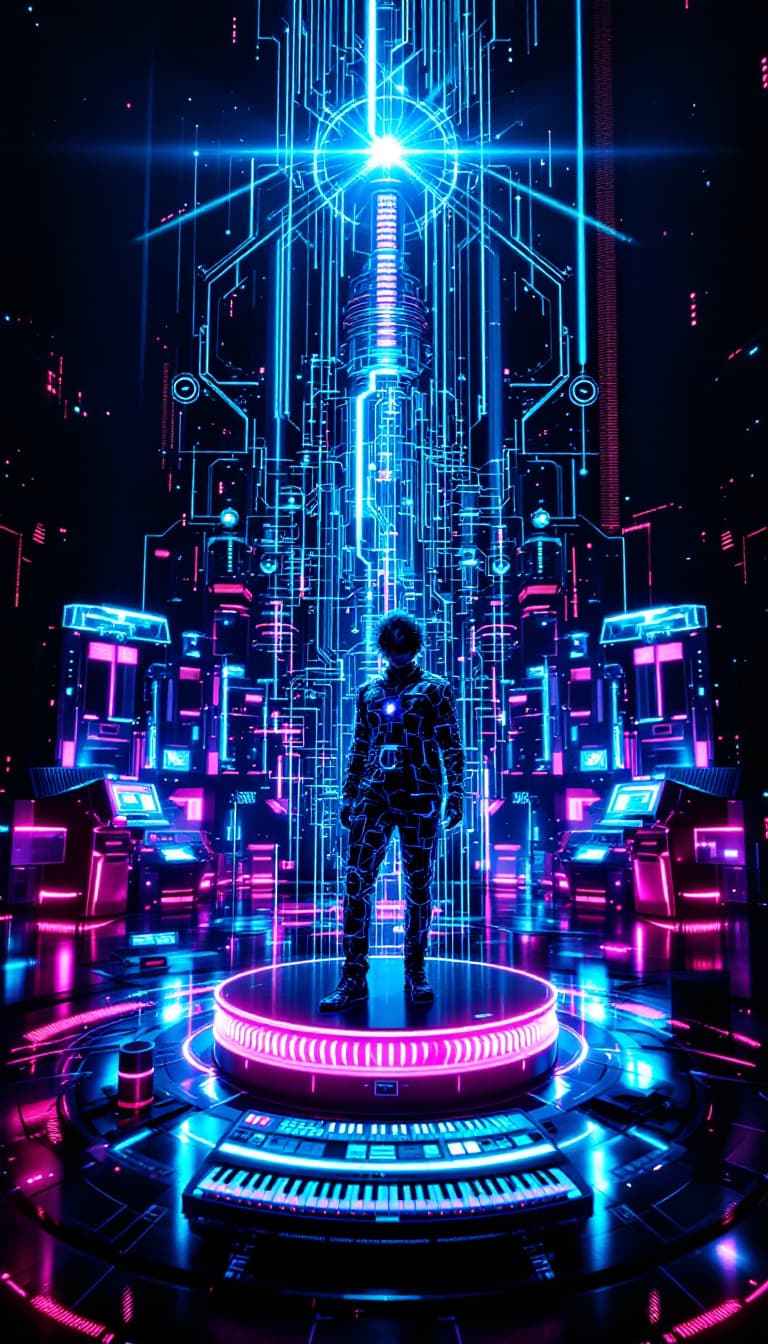AI generated: Portrait of a futuristic cyberpunk musician, centered, surrounded by holographic instruments, in a v...