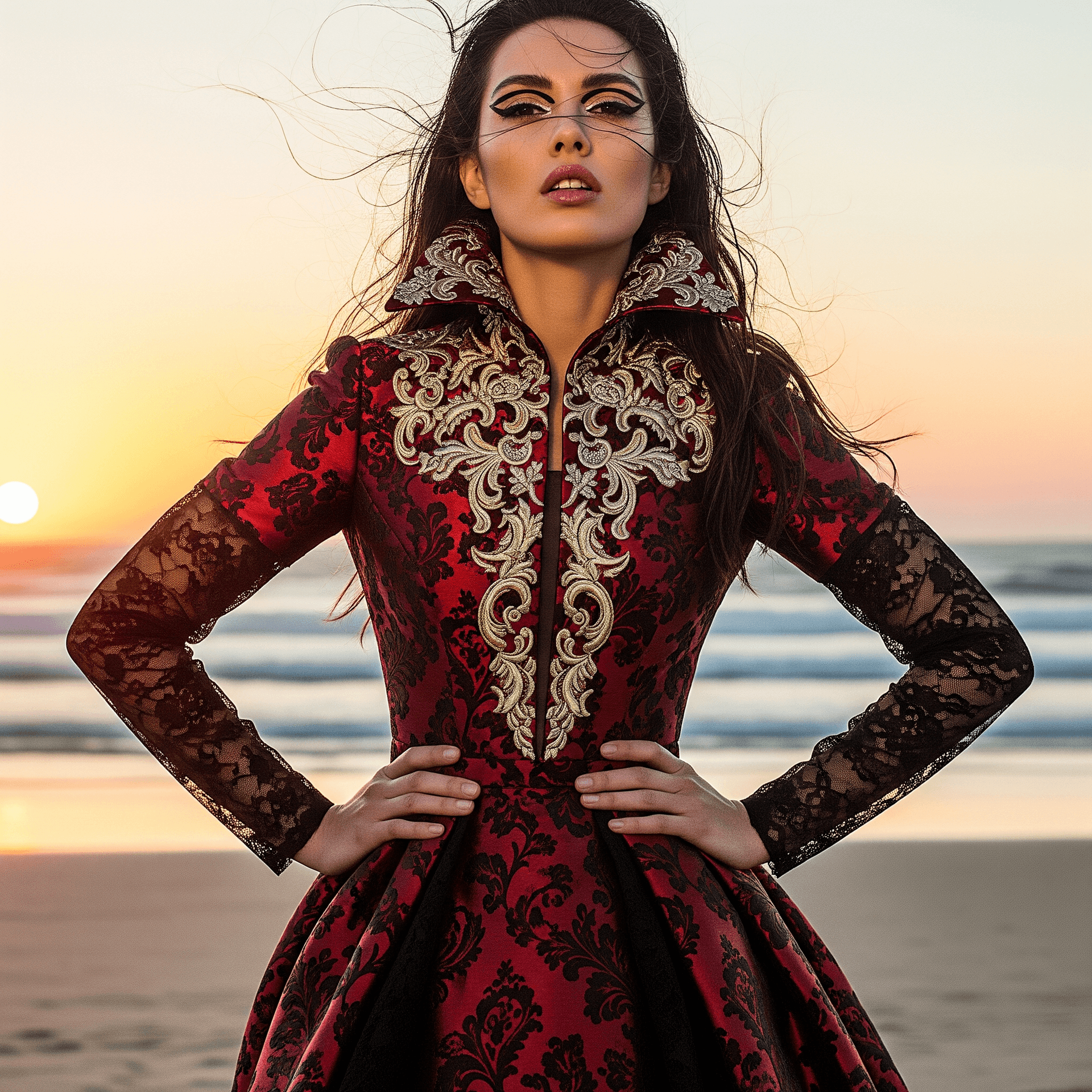 AI generated: Female model, high-fashion editorial, full-length shot on an empty beach. Dark red brocade long-slee...