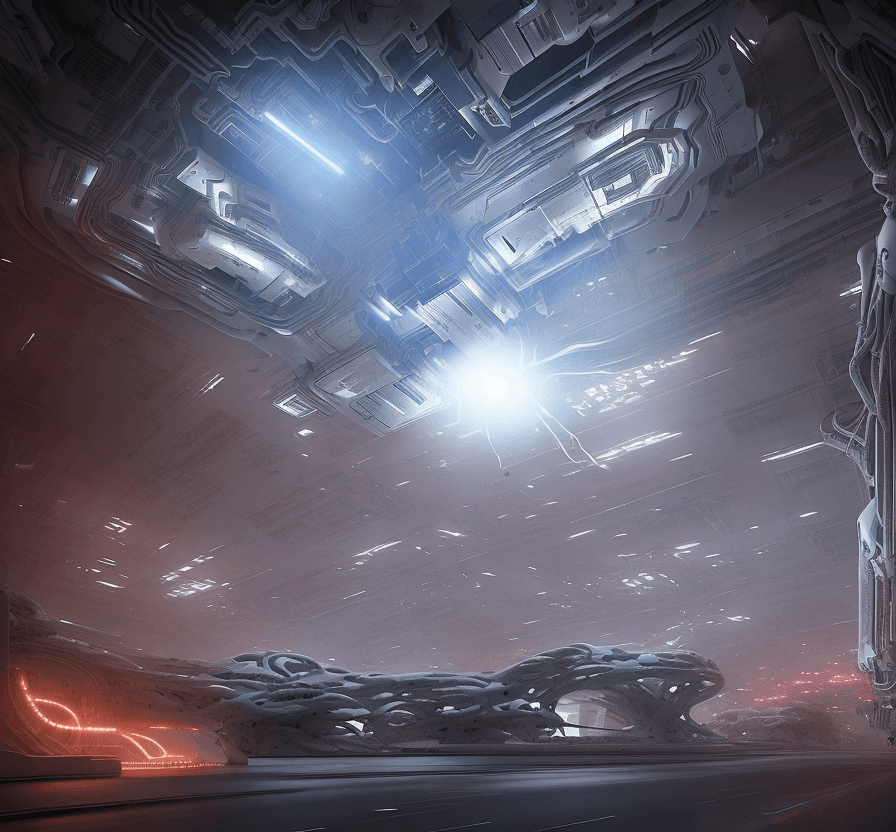 AI generated: 2 huge white Mech are walking thru the fire   in the corridor leading to the control room in a futur...