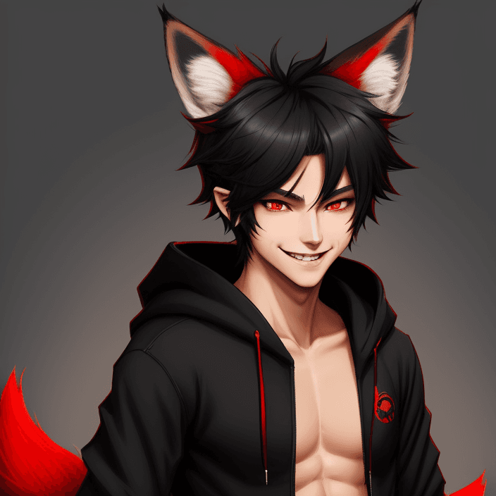 AI generated: Furry male fox, anthropomorfic fox male, Red And Black Fur, Long fox ears, black short hairstyle, fl...