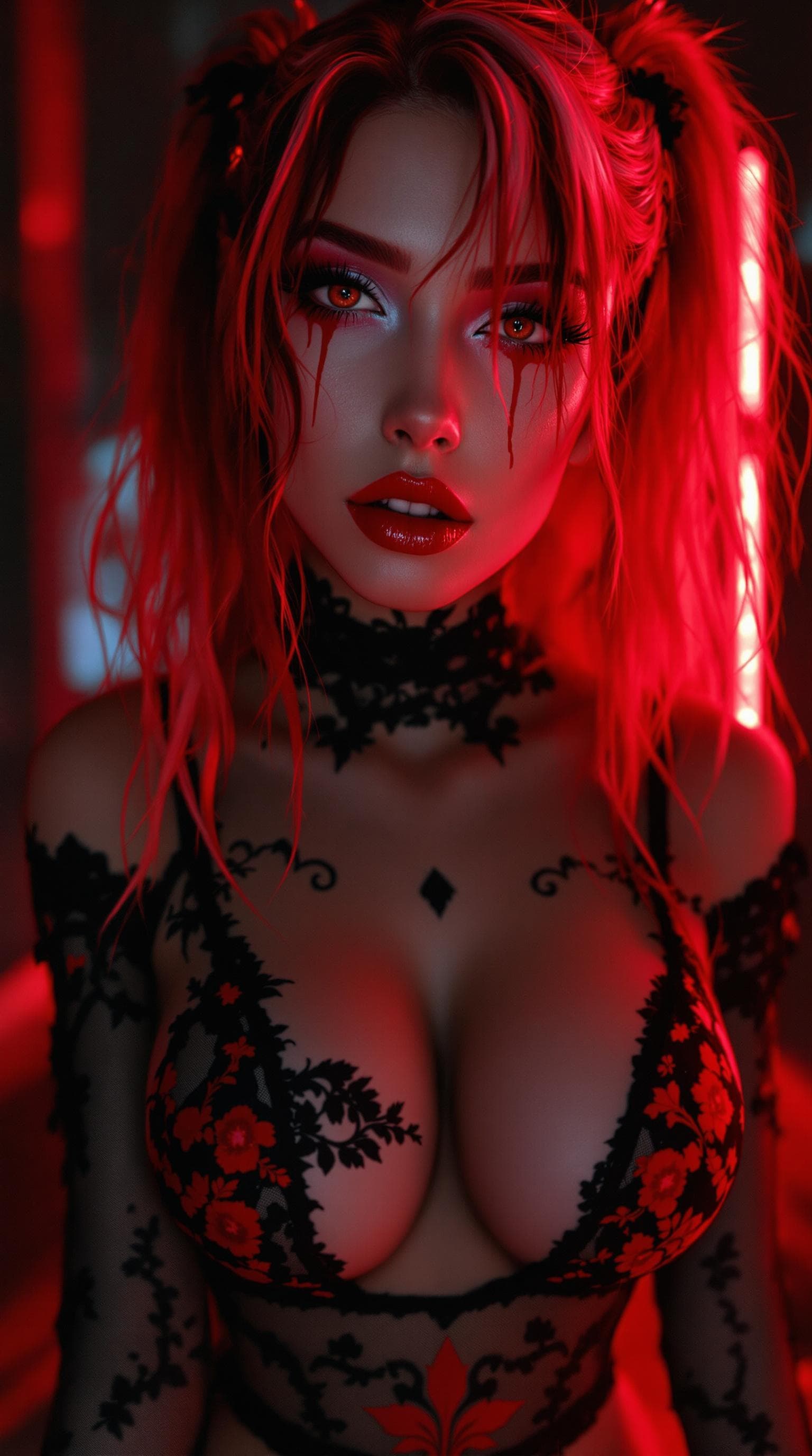 AI generated: A realistic, thigh to face photo of an incredibly beautiful German female with neon red and white ha...