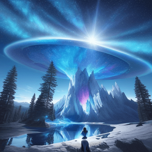 AI generated: girl looking at the horizon sitting on the epic trees in the background. Beautiful prismatic-plasma ...