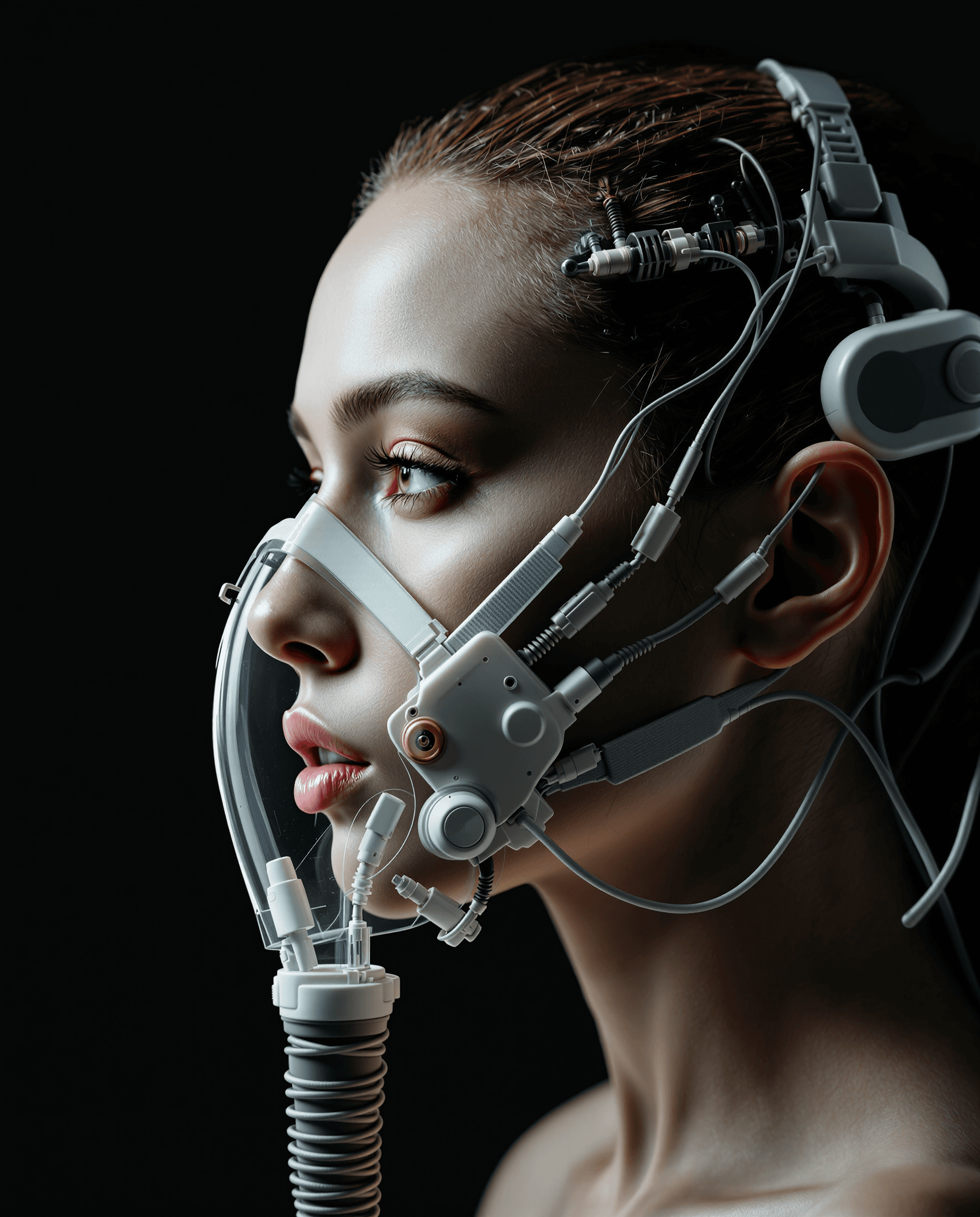 AI generated: highly detailed image of a side profile female human face, combining elements of mostly organic and ...