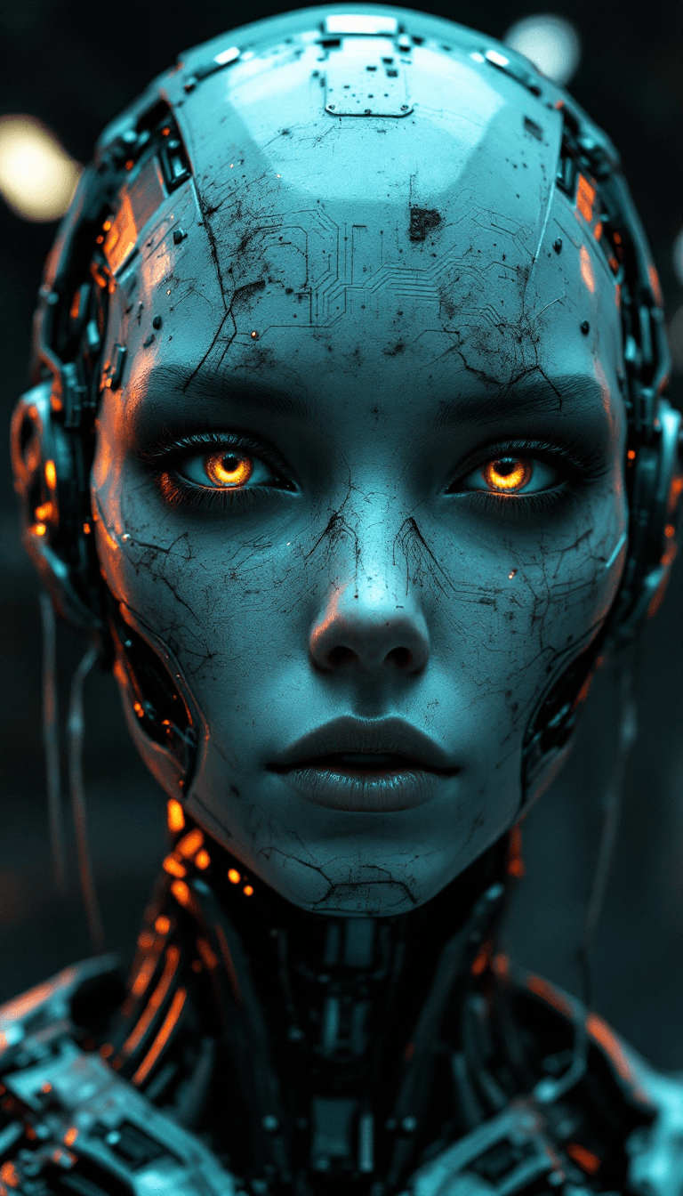 AI generated: Android with Worn Circuitry and Human Eyes: A gritty digital photograph showing an advanced android ...