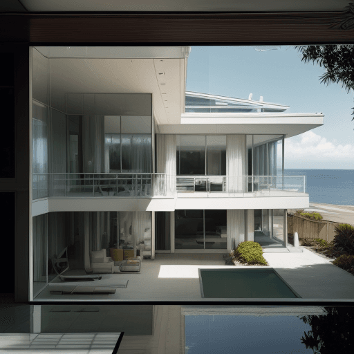 AI generated: Hyper realistic eye level exterior photo of a mid century modern style house overlooking the ocean, ...