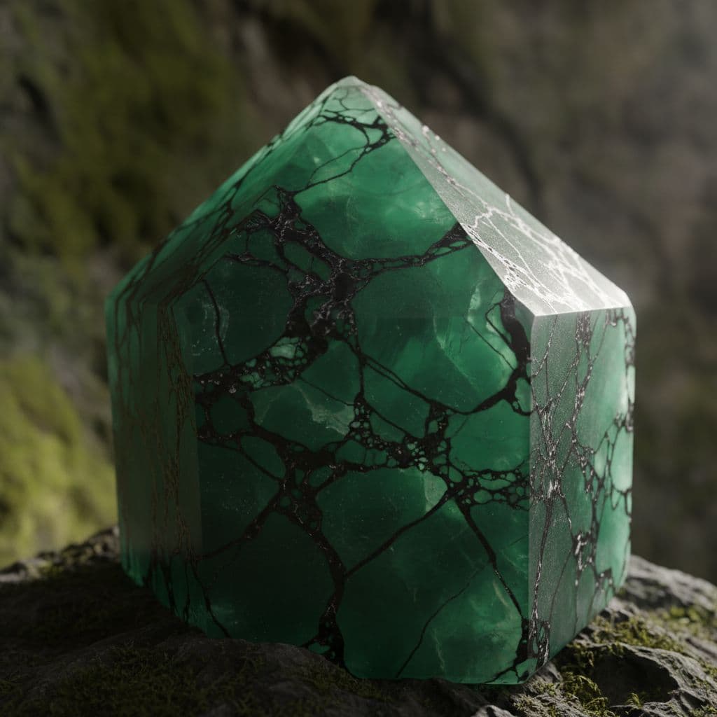 AI generated: Green Crystal with black veins like marble running through it 
