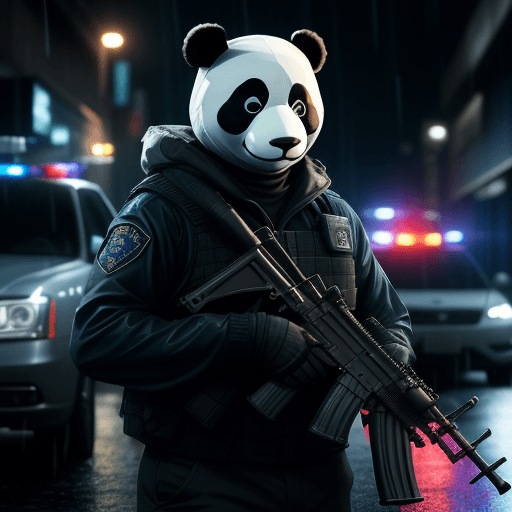 AI generated: Photo of a man wearing a plastic panda mask, holding a automatic rifle and carrying a duffle bag, po...