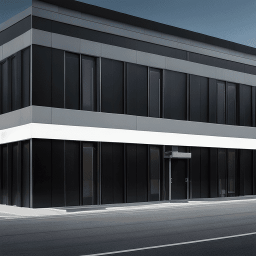 AI generated: photorealistic, minimalistic industrial style office building facade design, black semi glossy color...