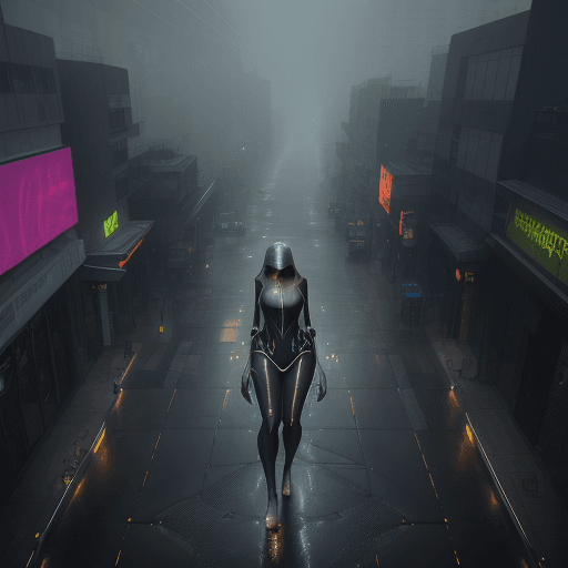 AI generated: 
Overhead view of a futuristic, nocturnal street immersed in thick fog and humidity. A woman in futu...