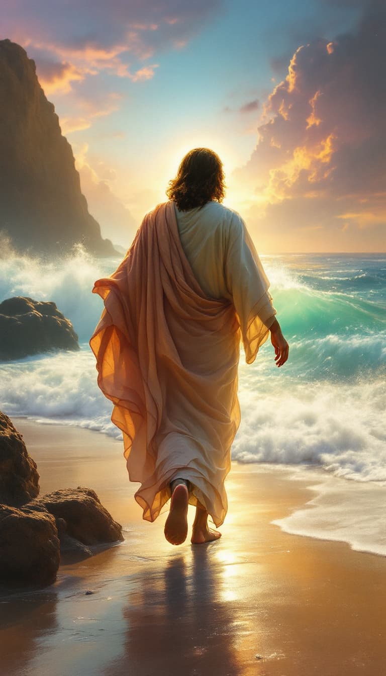AI generated: Jesus walking on the beach from the back, not walking on the sand, next to the beach next to the wat...