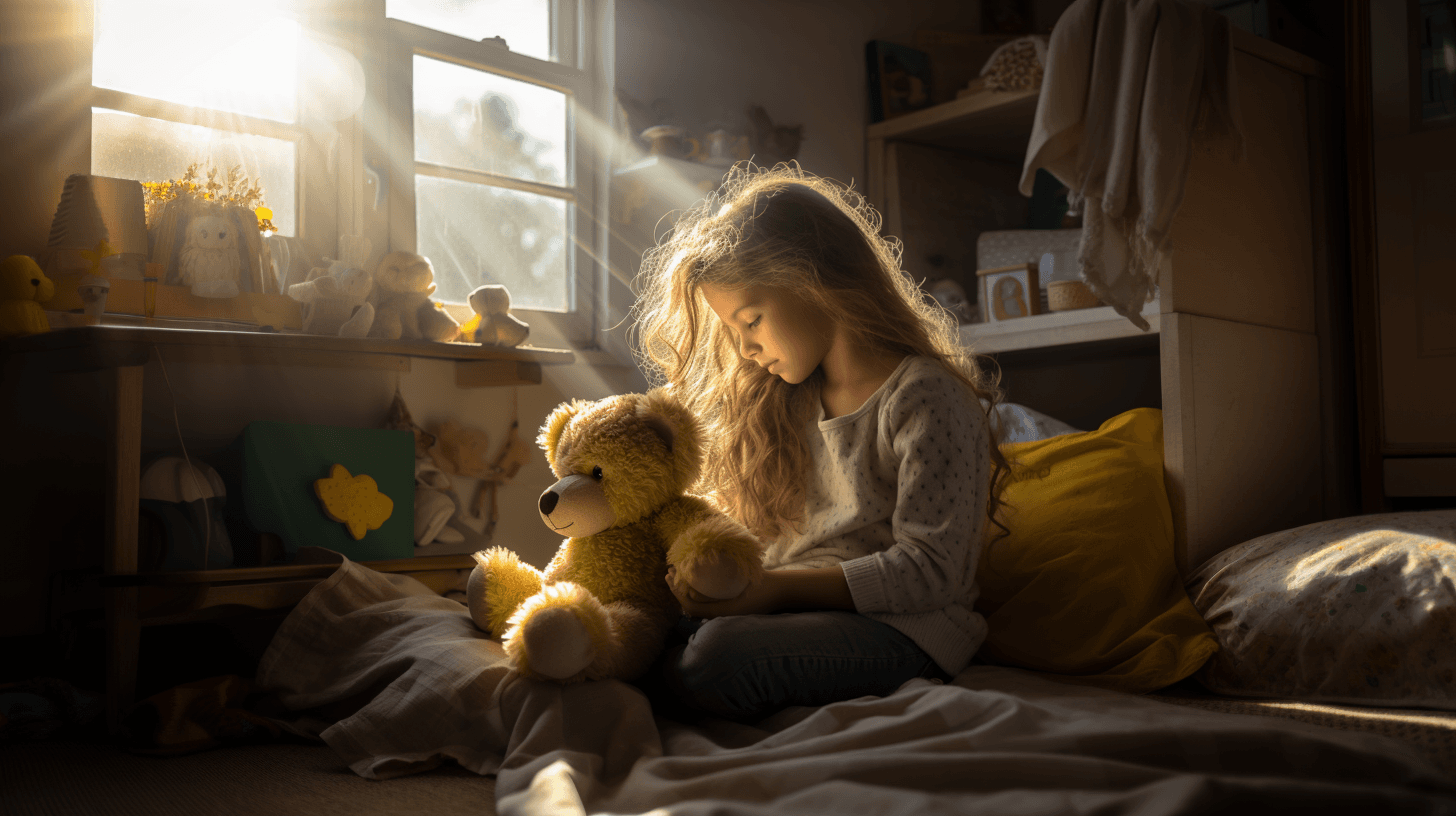 AI generated: Sweet girl age 10 playing with a teddybear in her kids room, deep depth of field, photorealistic, su...