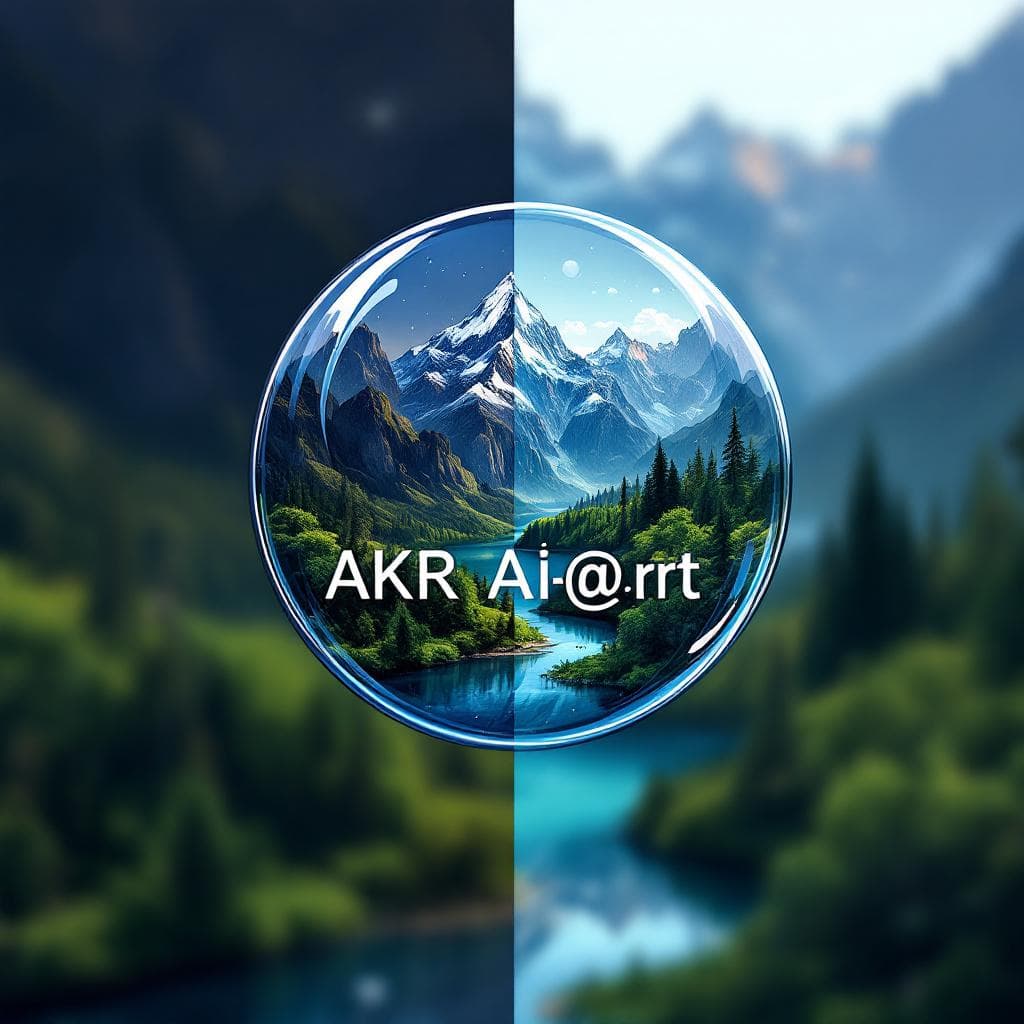 AI generated: Logo for an AI-art studio called "AKR AI-@rt", depicted inside a sphere with mountains, lush green a...