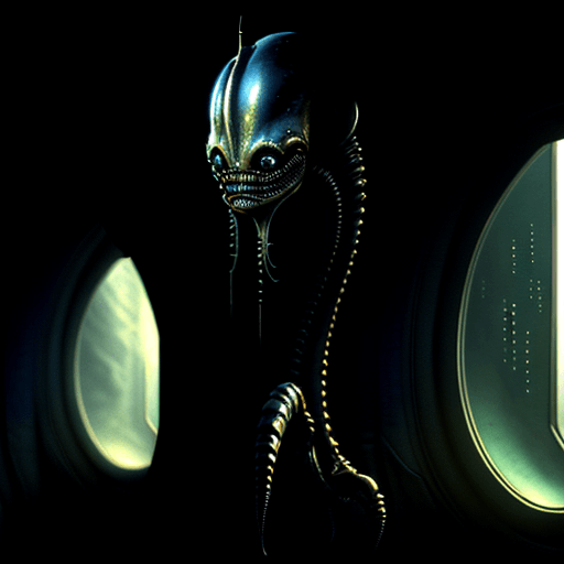 AI generated: Oscar winning detailed photography, cinematic scene, giger art style, alien scaceship, creative arch...