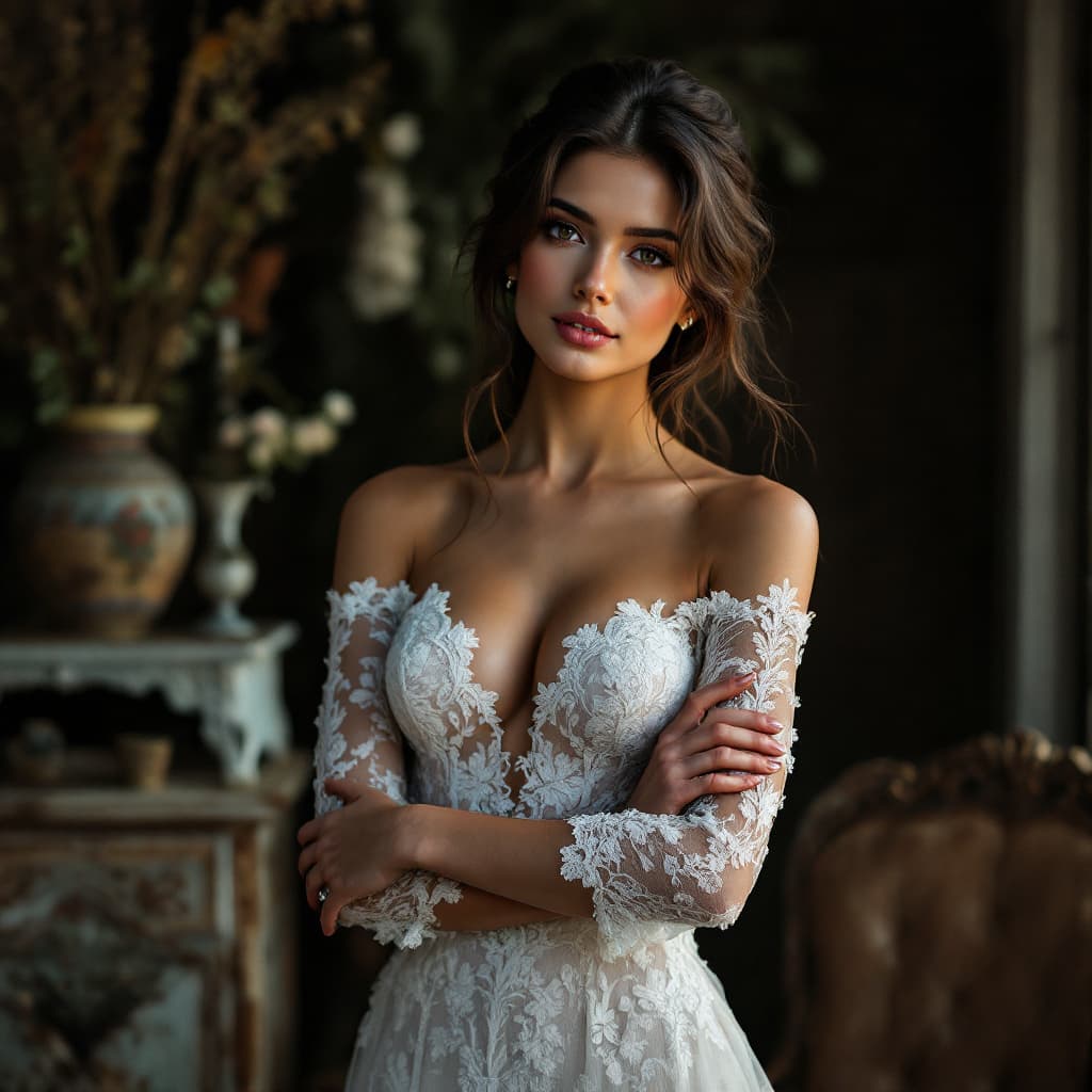 AI generated: A photograph of a beautiful brunette woman in an elegant transparent white lace dress.
. She is posi...