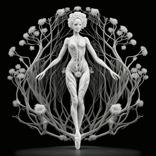AI generated: 3d woman in flowers with human and flower shaped branches, in the style of medical imaging film., se...