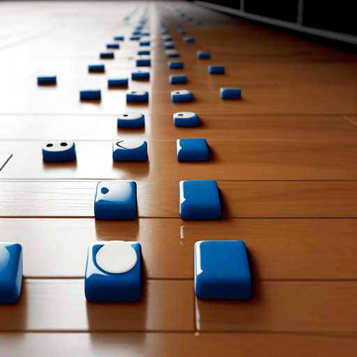 AI generated: A trail of dominos set up to create a chain reaction on a hardwood floor and the closest domino has ...