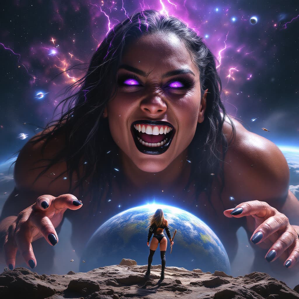 AI generated: enormous giantess Rhea Ripley from WWE bigger than a galaxy floating in space, minuscule planets in ...