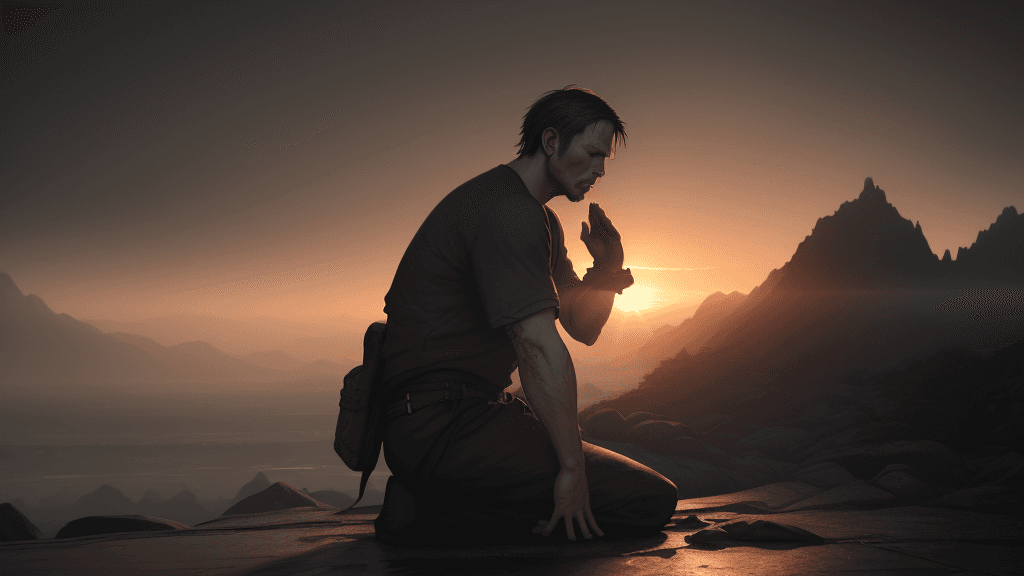 AI generated: Photo of a praying a man , raising both hands before Allah, dramatic light, pale sunrise, cinematic ...