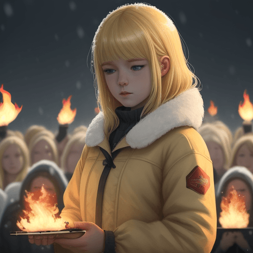 AI generated: girl blond holding match flame snow city sadness ambience 4k house crowd painting image


