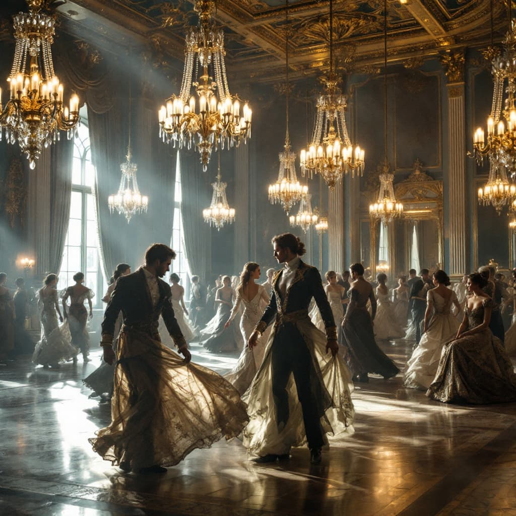AI generated: "An opulent ballroom in Imperial Russia, with dancers in traditional attire under chandeliers."