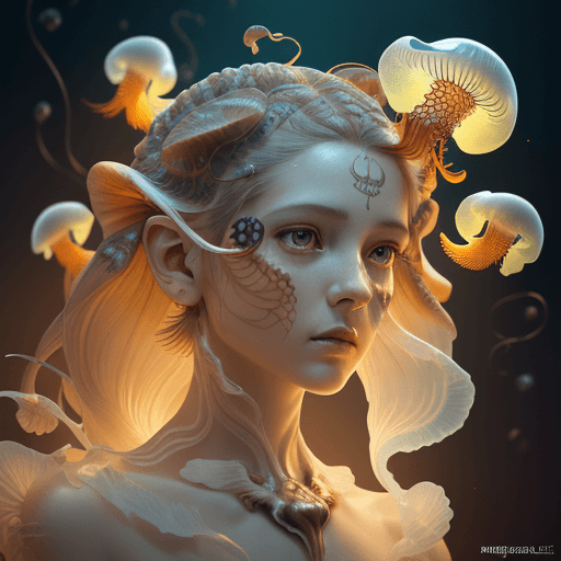 AI generated: Goddess close-up portrait ribcagel. jellyfish phoenix head, nautilus, orchid, skull, betta fish, bio...