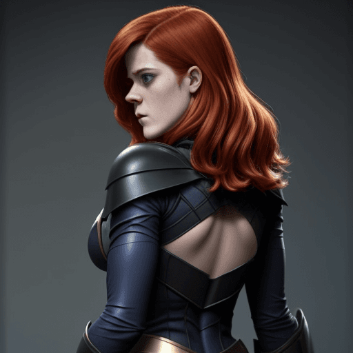 AI generated: Rose Leslie in a batgirl costume shown from behind.