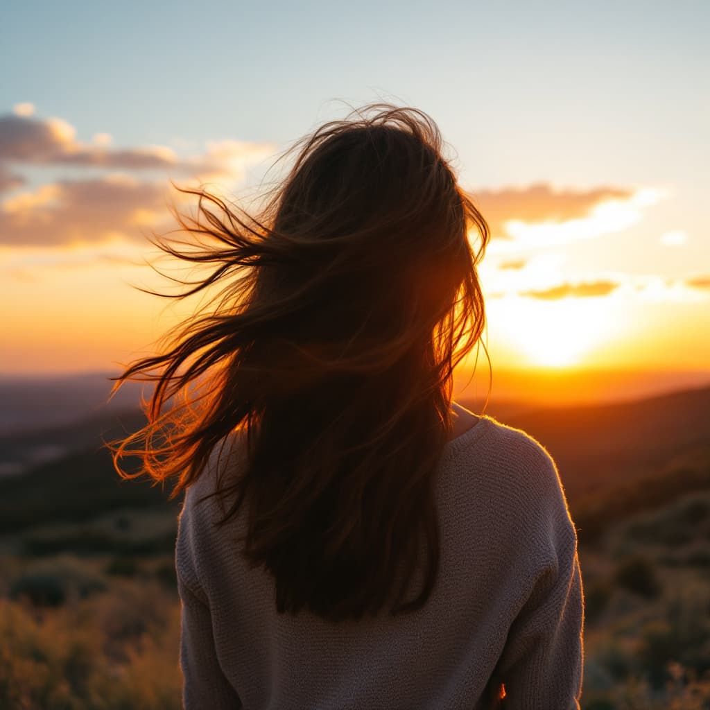 AI generated: 

Beautiful photograph of a landscape in which we see a woman with her back facing the horizon in a ...