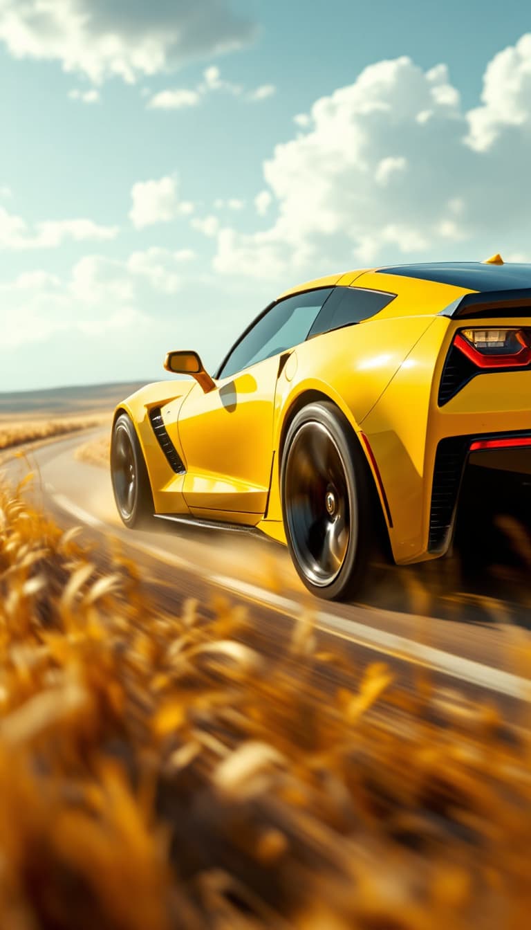 AI generated: A bold, canary-yellow Chevrolet Corvette races along a vast, open prairie, tall grasses swaying in t...