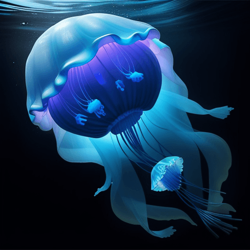 AI generated: blue jellyfish with purple details, glow in the dark, deep blue water