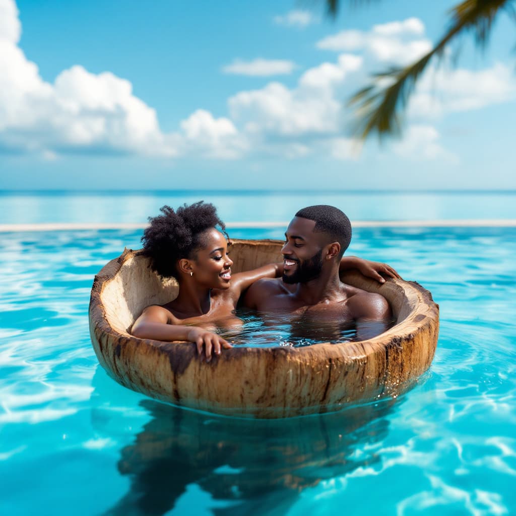 AI generated: swimming pool  in a tender coconut shell a black young couple relaxing in the swiming pool 