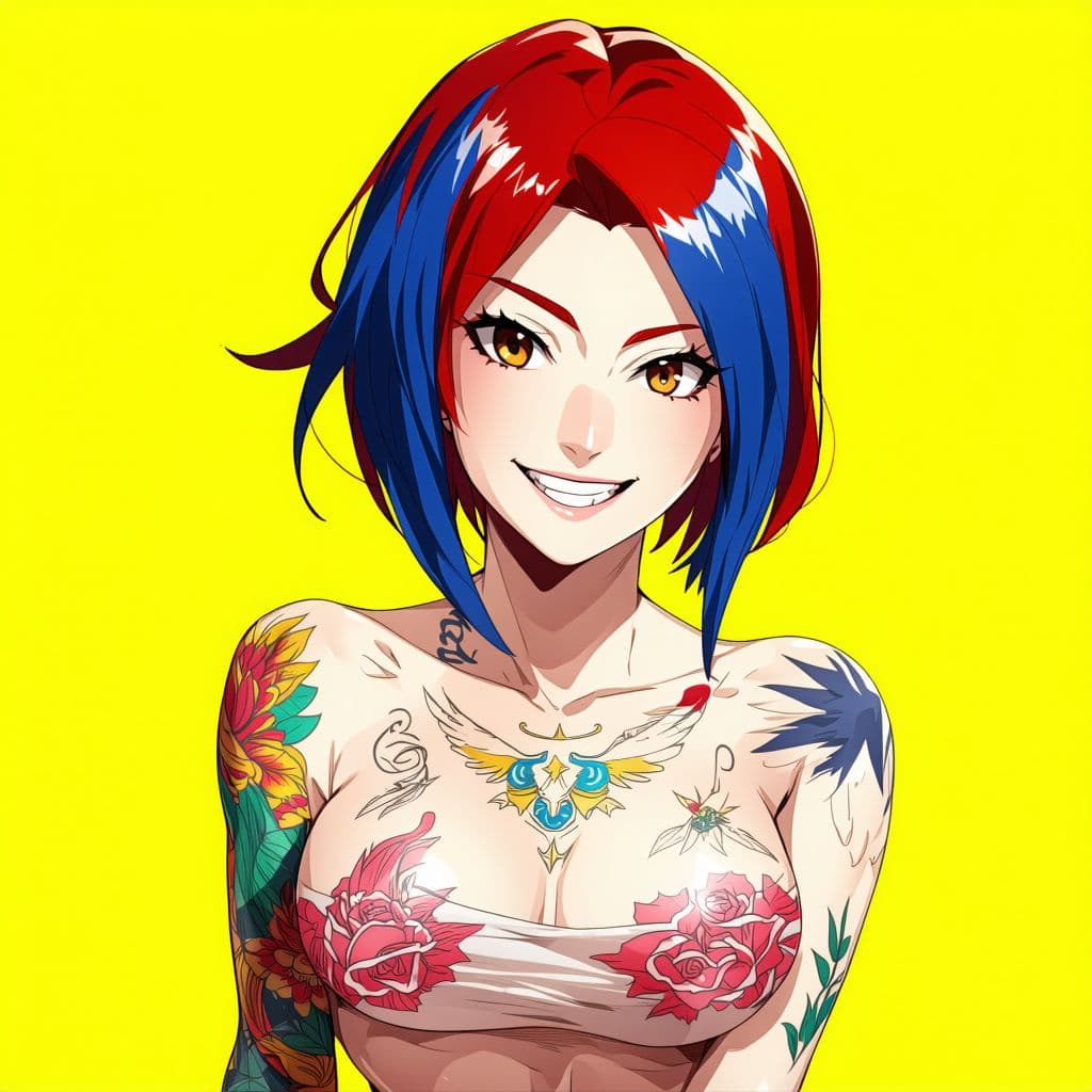 AI generated: Animestyle illustration of a female character with red and blue hair, wearing colorful tattoos on he...