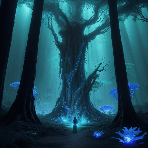 AI generated: (Movie:Avatar), landscape of the Bioluminescent Forest of Pandora, Pandora's flora and fauna emit a ...