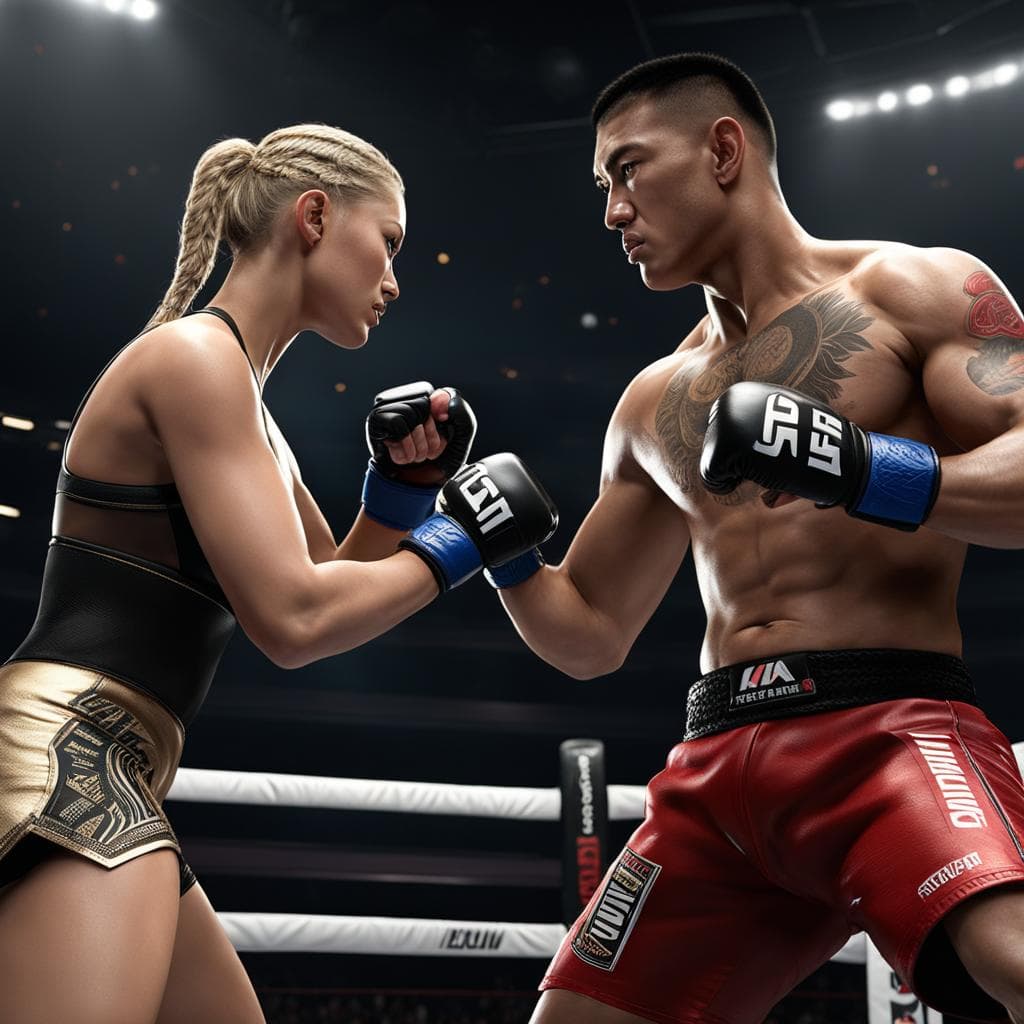 AI generated: In a world where men and woman have mastered the art of mixed martial combat, describe the epic show...