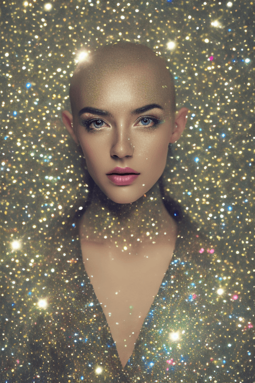 AI generated: Close-up of a person, glitter background, shiny glitter hair, professional profile photo, shiny glit...
