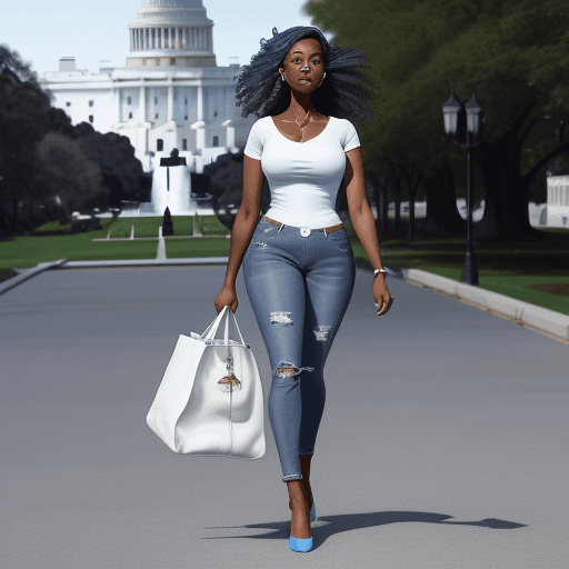 AI generated: A digital drawing of an African American woman full body, walking up to the White House in Washingto...