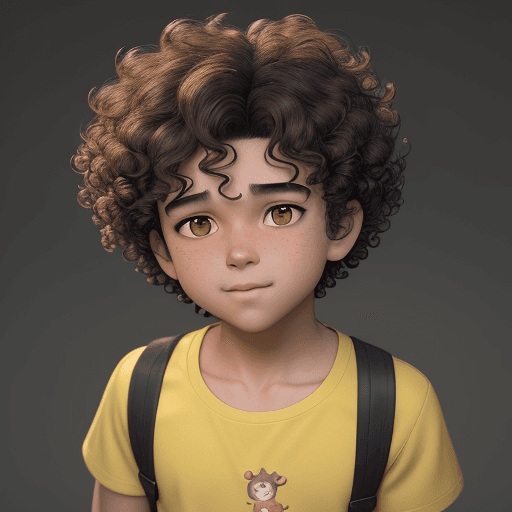 AI generated: a boy with curly hair, mixed Asian brown beauty and yellow shirt, in the style of rendered in cinema...