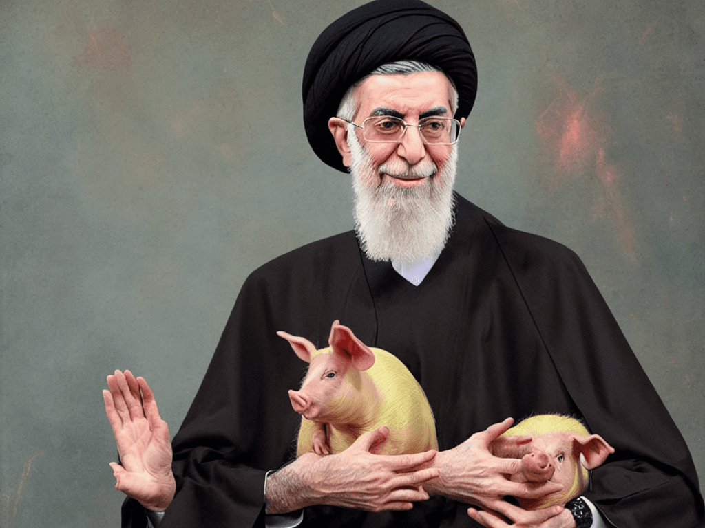 AI generated: portrait of ali khamenei holding a pig with both hands