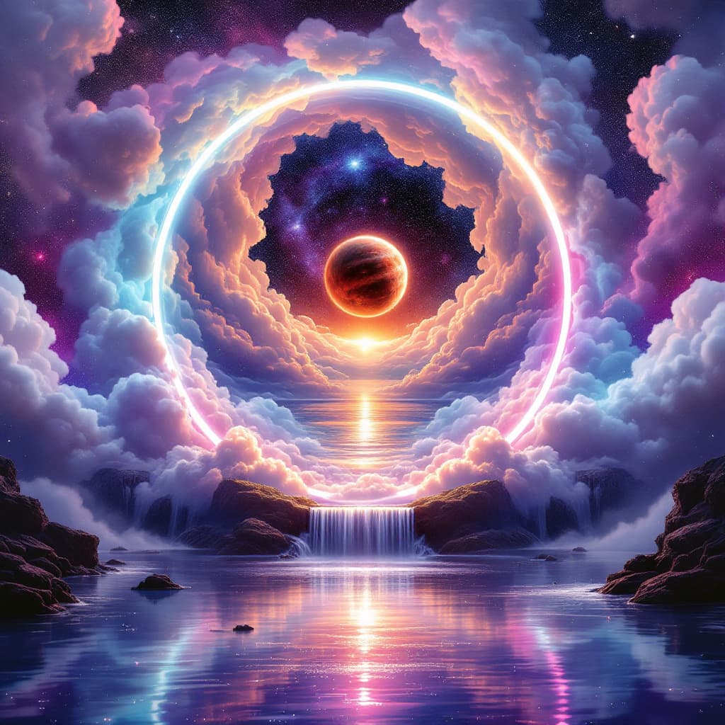 AI generated: A dazzling, otherworldly portal in the shape of a mirror reveals a galaxy of plush clouds and the di...