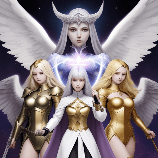 AI generated: The female servants of the Almighty God of evil fighting in a divine realm with angels and querubins