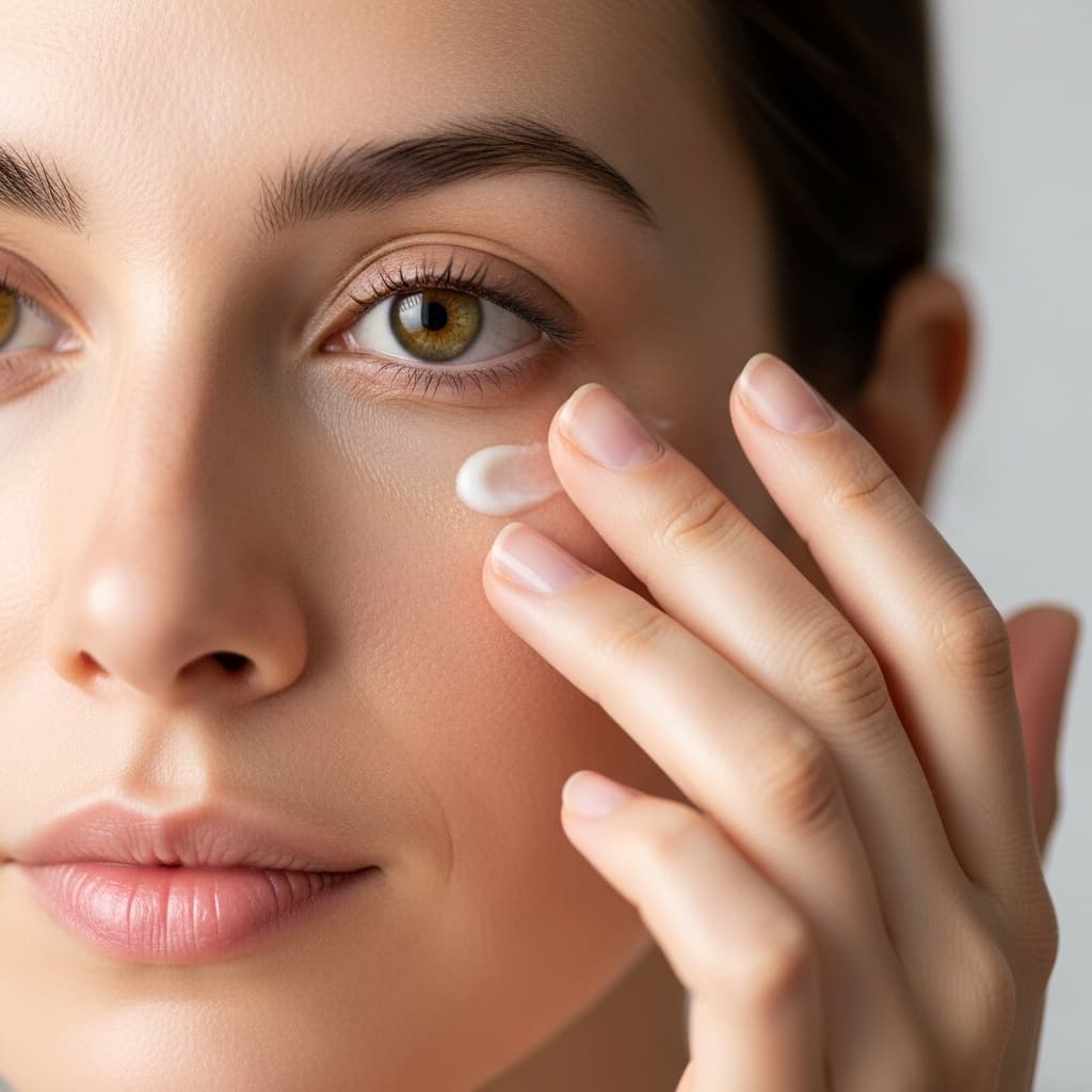 AI generated: A realistic close-up of a woman gently applying eye cream under her eyes, natural soft lighting, smo...