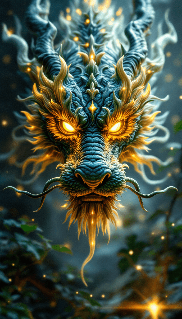 AI generated: A majestic Dragon face illuminated by the soft glow of luminescent plants, exuding an atmosphere of ...
