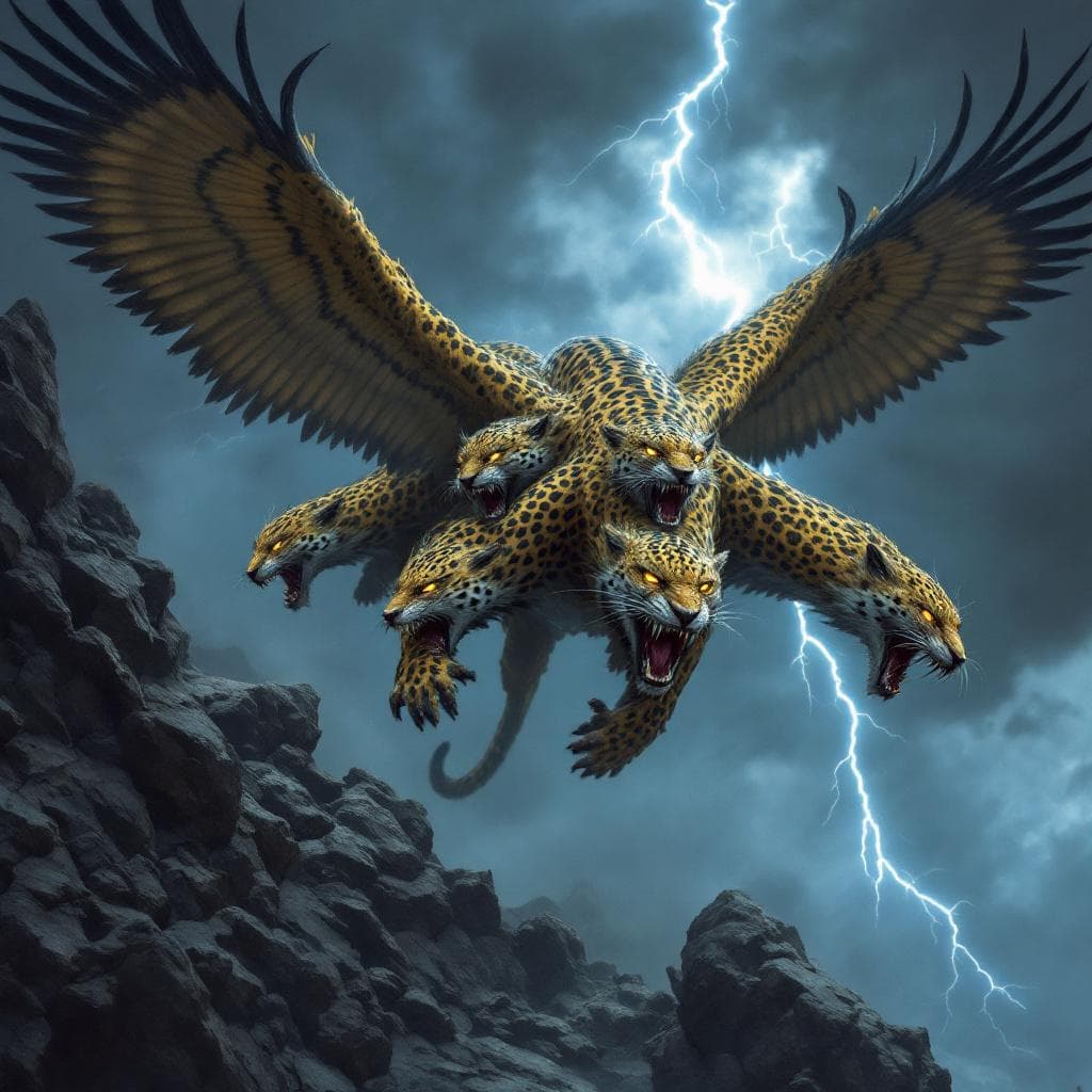 AI generated: A sleek, ferocious leopard with four bird-like wings extended in mid-air, flying above rocky terrain...