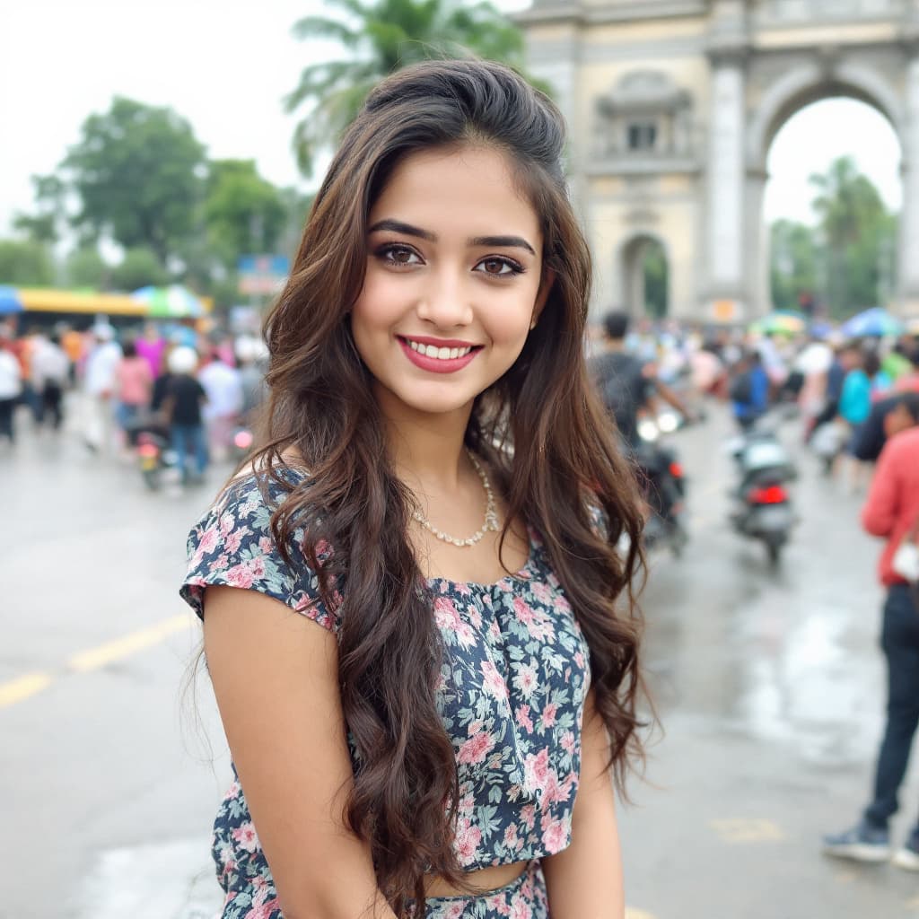 AI generated: Cute and attractive's Mumbai girl stand near Gate way of India
