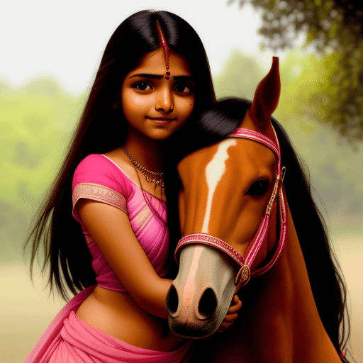 AI generated: A beautiful cute indian girl hugging a horse face