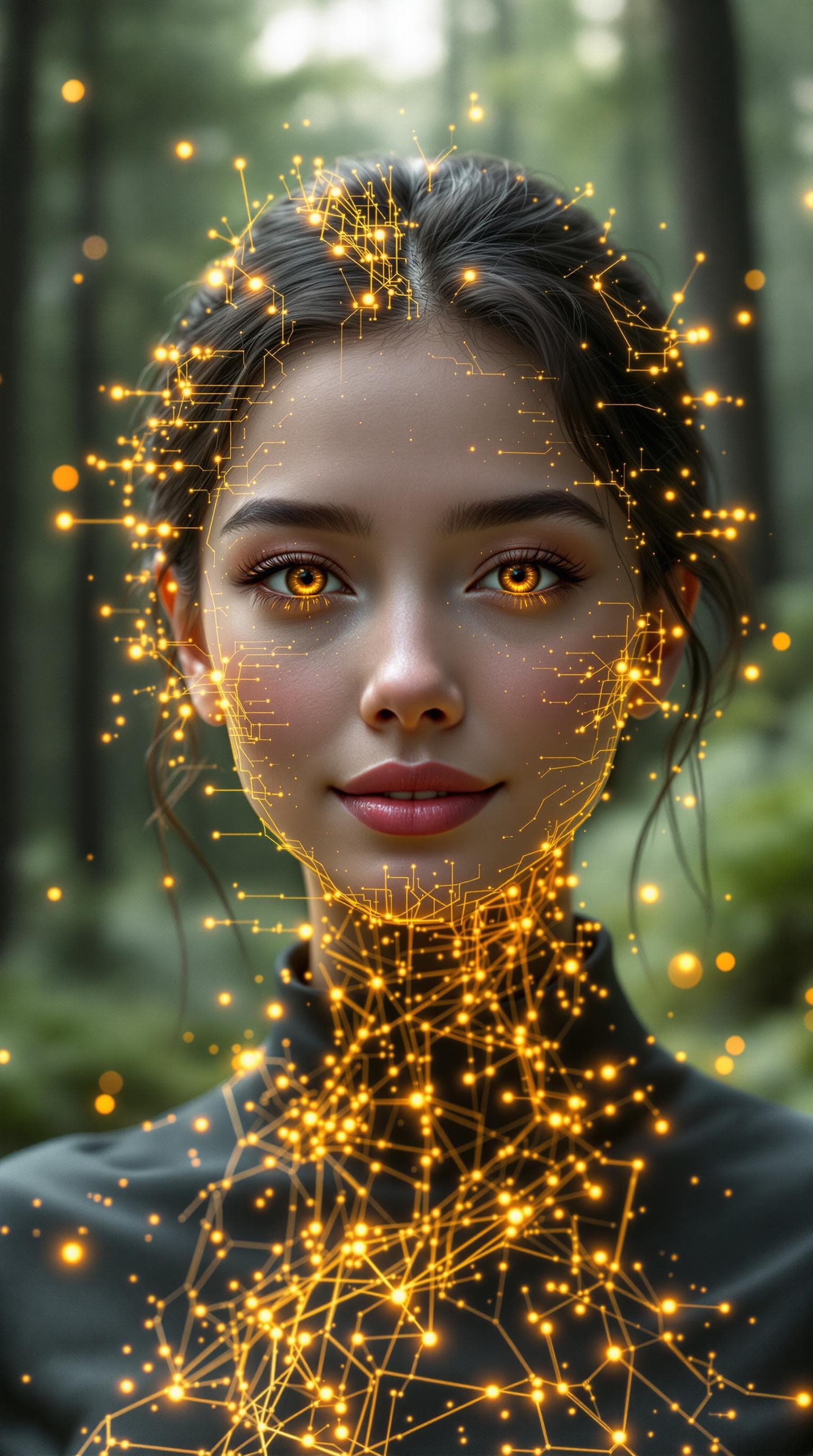 AI generated: A hyperrealistic woman walks toward us, facing the camera, along a very realistic forest trail.  Her...