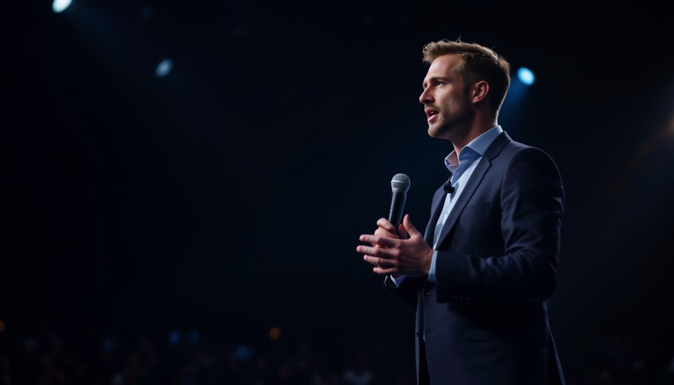 AI generated: Realistic male speaker standing on a modern stage, wearing a suit, holding a microphone, mid-speech ...